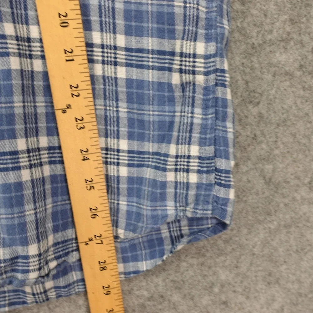 Banana Republic Linen Shirt Mens LARGE Blue Madras Plaid Slim Fit Camp Collar